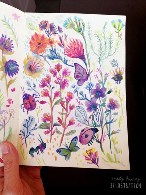 art by emily honey on bahance Colorful Sketchbook Pages, Color Pencil Sketches Sketchbooks, Colorful Sketchbook Ideas, Gouache Butterfly, Sketchbook Colored Pencil, Art Inspo Sketchbooks Sketch Books, Sketchbook Inspiration Aesthetic, Colored Pencil Doodles, Colorful Sketchbook