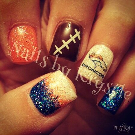 Auburn Football Nails, Auburn Football Nails Designs, Blue And Orange Ombre Nails, Bronco Nails Denver, Broncos Nails Denver, Chicago Bears Nails, Football Nails Design, Denver Bronco Nail Design, Denver Broncos Nails