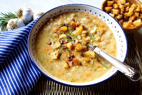 Creamy White Bean Soup With Rosemary & Pancetta Pancetta Soup, Creamy White Bean Soup, Soup With Rosemary, Chef John Recipes, Cooking Dried Beans, Cherry Tomato Pasta, Tortellini Recipes, Bean Soup Recipes, Lentil Curry