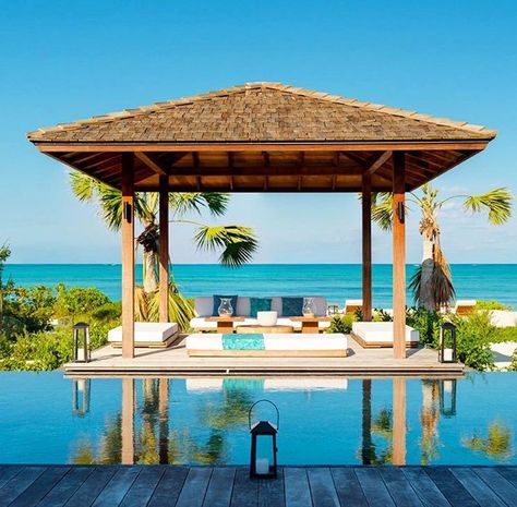 @chloalawrence Tropical Pavilion, Gazebo Beach, Retreat Space, Gazebo Design, Tropical Retreat, Island Breeze, Bali Resort, Tile Roof, Beach Ideas