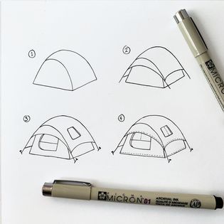 How To Draw Camping Stuff, How To Draw A Tent Easy, Tent Doodle, Tent Watercolor, Jen Aranyi, Tent Drawing, Tent Clipart, Guy Cards, Stitching Details