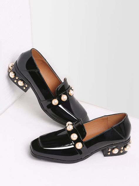 Shop Black Pearl Studded Patent Leather Low Heel Loafers online. SheIn offers Black Pearl Studded Patent Leather Low Heel Loafers & more to fit your fashionable needs. Shein Women, Heel Loafers, Patent Leather Loafers, Loafers Online, Square Toe Heels, Wedding Heels, Carrie Bradshaw, Heeled Loafers, Ladies Fashion