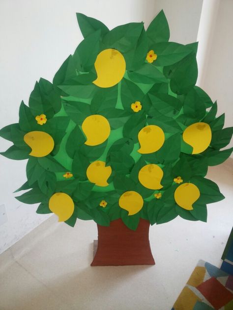 Mango tree Mango Party Theme, Mango Party Decoration Ideas, Mango Day Decoration In School, Mango Craft For Kids, Mango Craft Preschool, Mango Activity Preschool, Mango Day Activity For Kids, Tree Art Activities, Mango Day Celebration In School