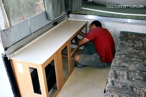 Pop Up Camper Cabinet Remodel, Pop Up Camper Rebuild, Painting Pop Up Camper Cabinets, Pop Up Camper Repair, Diy Pop Up Camper Canvas Replacement, Tent Trailer Remodel, Countertop Redo, Pop Up Tent Trailer, Popup Camper Remodel