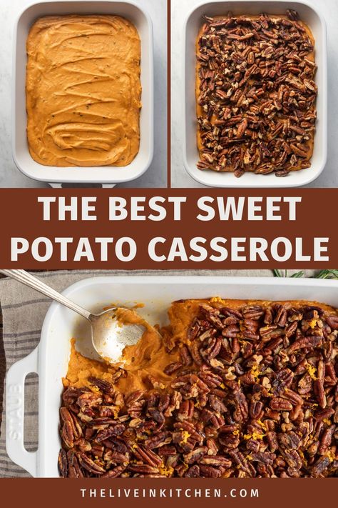 Make your Thanksgiving meal extra special with this mouthwatering savory sweet potato casserole! Fluffy mashed sweet potatoes are combined with rich cream and fragrant herbs, and topped with a golden, buttery pecan crust for a holiday treat. Pecan Crust Sweet Potato Casserole, Thanksgiving Mashed Sweet Potatoes, Sweet Potatoe Dish, Savory Sweet Potatoes Recipes, Sweet Potato Recipes Savory, Sweet Potatoes Casserole, Savory Sweet Potato Casserole, Sweet Potato Casserole With Pecans, The Best Sweet Potato Casserole