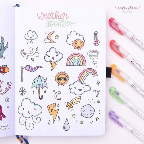 45+ Bullet Journal Doodles For Your Inspiration - The Creatives Hour Easy Journal Doodles Simple, Easy Doddleoddle Art, Doodle Ideas Creativity, Doodle Journal Ideas, Doodle Ideas Simple, Cute Doodle Ideas, Ocean Doodles, Doodles Floral, Weather Doodles