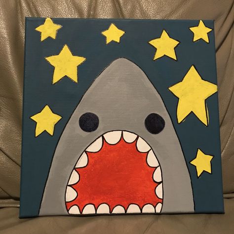 starry night shark painting on canvas Things To Paint With Acrylic Easy, Simple Stuff To Paint On A Canvas, Easy Small Art Ideas, Underwater Easy Painting, Painting Ideas For Square Canvas, Things To Paint Hello Kitty, Paint Ideas Beginner, Square Canvas Art Ideas, Small Things To Paint On Wall