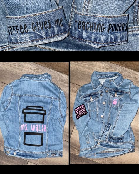 #jeanjacketoutfit #handmade #creativity #design #art #crafting #customgifts #personalize #gifts #cute #trendy #cricut #craftersofinstagram #customapparel #smallbusiness #sidehussle #smallshop #shoplocal #teacher #teacherjacket #jeanjacket #customjeanjacket #gradgift #new #bridal #graduation #details #coffee #teacherfuel #EOY #educator #denim #denimjacket Teacher Jean Jacket, Teacher Jacket, Personalize Gifts, Custom Jean Jacket, Best Teacher Gifts, Grad Gifts, Teacher Life, Best Teacher, Cosmetology