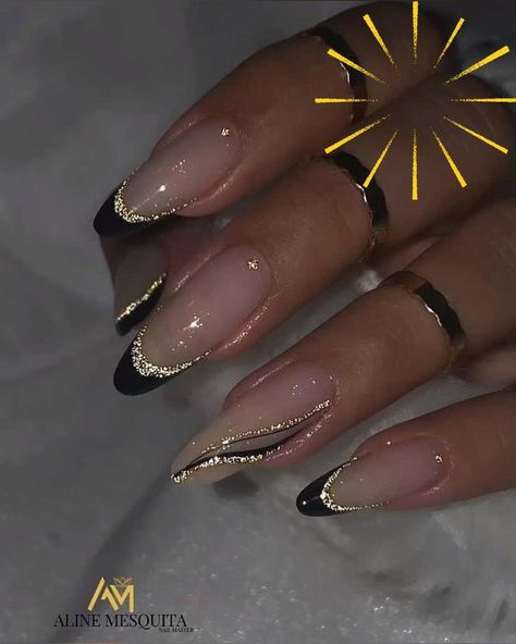 Green And Gold Tips Nails, Sparkly November Nails, Black And Gold Nails For Hoco, Formal Nails Black Dress, Nail Ideas Tips Only, Nails To Go With Black And Gold Dress, Pretty Gold Nails, Nail Designs For Green Dress, Hoco Nails Black Dress