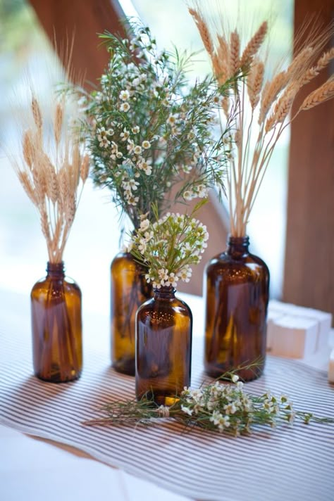 bottles Bedroom Girly, Wheat Wedding, Sundance Resort, Brown Glass Bottles, Rustic Wedding Decorations, Deco Champetre, Flowers And Greenery, Brown Bottles, Rustic Fall Wedding