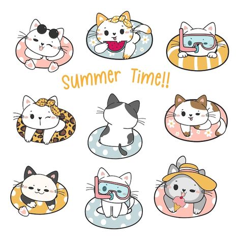 Cat Swimming Drawing, Swimming Cartoon, Swimming Cats, Animal Vector, Cartoon Doodle, Cat Happy, Swimming Ring, Time Cartoon, Cat White