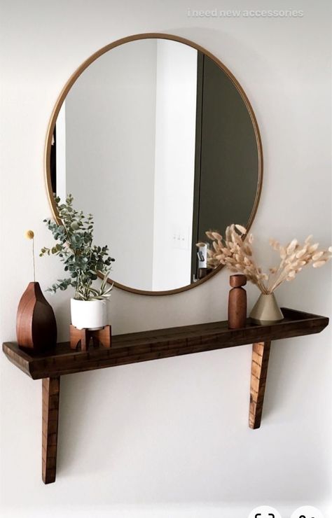 Mirror On Wall With Shelf, Entryway Ideas Floating Shelf, Under Mirror Decor, Mirror Shelf Decor, Shelf Under Mirror, Mirror With Shelves, Entrance Table Decor, Shelf Above Bed, Entryway Inspiration