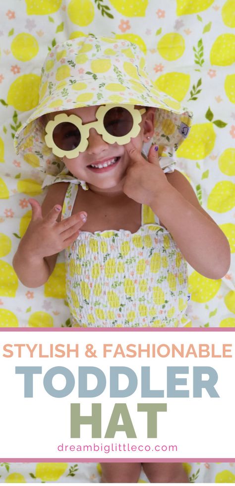 Toddler girl wearing a cute beach hat with lemons all over it and a matching girls swimsuit laying on a towel and wearing yellow sunglasses. Hats For Summer, Hats Ideas, Hats Beach, Toddler Hats, Bamboo Hats, Toddler Sun Hat, Fashionable Baby, Hats Summer, Beach Hats