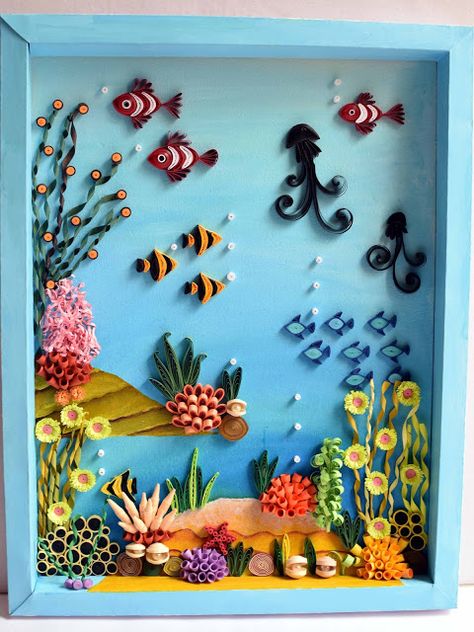 Paper Quilling Aquarium, 3d Aquarium Craft, Quilling Aquarium, Paper Aquarium, Neli Quilling, Paper Quilling Flowers, Paper Quilling Cards, Quilling Work, Desain Quilling