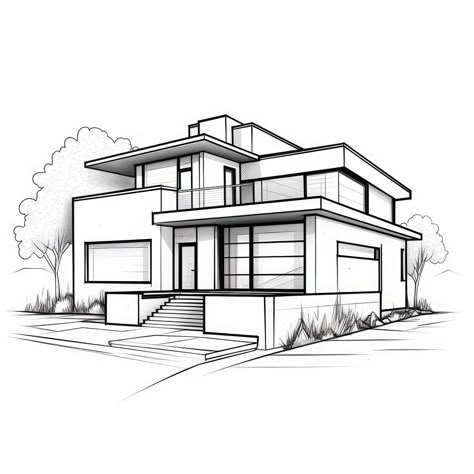 House Elevation Sketch, Architectural Design Sketch, Modern House Sketch Architecture, Sketch House Architecture, Sketch Building Architecture, Modern House Drawing Sketches, Modern House Design Drawing, House Design Drawing Sketch, House Perspective Drawing