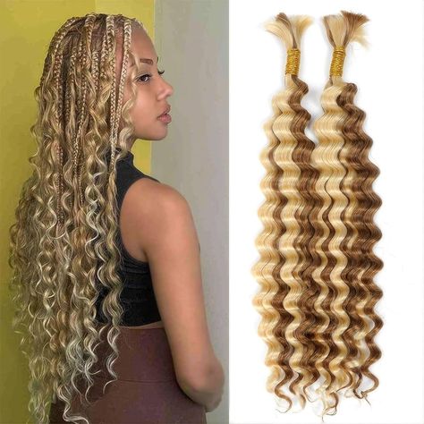 Amazon.com : DSEKCAIN P27/613 Blonde Deep Wave Human Braiding Hair Micro Crochet Curly Braiding Human Hair No Weft Bulk Hair for Knotless Bohemian Box Braids Wet and Wavy Highlight 100 Grams (2 of 50g) 16 inch : Beauty & Personal Care Knotless Bohemian Box Braids, Knotless Bohemian, Waves Overnight, Wavy Braids, Blonde Deep Wave, Bohemian Box Braids, Braided Braids, Wavy Hair With Braid, Overnight Braids