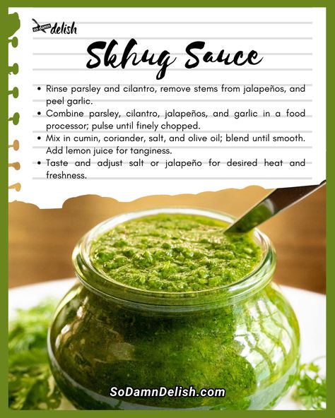 Discover the vibrant flavors of skhug sauce with this easy Yemeni skhug recipe from So Damn Delish. Elevate your meals with this spicy herb sauce today! Skhug Recipe, Herb Sauce, Spicy Chili, Best Side Dishes, Spices And Herbs, Meat Chickens, Grilled Vegetables, How To Squeeze Lemons, Stuffed Jalapeno Peppers