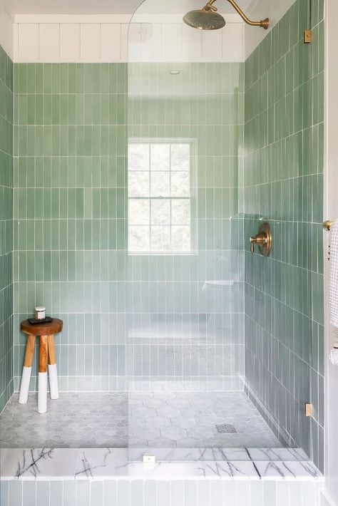 Mint Green Tile Bathroom, Green Shower Tile, Mint Green Bathrooms, Aesthetic Bathroom Decor, Green Tile Bathroom, 20 Aesthetic, Modern Bathroom Interior, Montana Homes, Aesthetic Bathroom