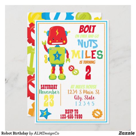 Robot Birthday Invitation Robots Party Theme, Birthday Party Invitations Free, Robot Birthday Party, Robot Theme, Robot Party, Boy Birthday Invitations, Birthday Invitations Girl, Birthday Invitations Kids, 4th Birthday Parties