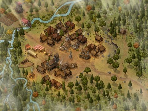 Town Site | Inkarnate - Create Fantasy Maps Online Post Apocalyptic Forest Village, Drawing Maps, Mork Borg, Fantasy Castles, Forest Village, Fantasy City Map, Farm Village, Village Map, Fantasy Village