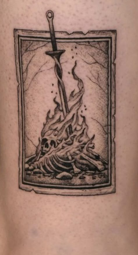 Skyrim Back Tattoo, Sound Garden Tattoo, Ds3 Tattoo, Fromsoftware Tattoo, Dark Souls 3 Tattoo Ideas, Skyrim Symbol Tattoo, Bonfire Sketch, Elder Scrolls Tattoo Ideas, Dark Souls Tattoos