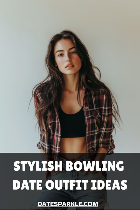 Woman in a plaid shirt over a black crop top, promoting stylish bowling date outfit ideas. Cute Bowling Outfit Date Casual, Outfits For Bowling, Cute Bowling Outfit Date, Outing Outfit Ideas, Mini Skirt With Sneakers, Bowling Date Outfit, Date Outfit Inspiration, Bowling Date, Date Outfit Ideas