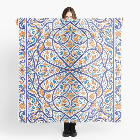 "Moroccan flowers. Decorative pattern with blue and orange flowers flowers. Vintage elements. Design # 180621." Scarf by Annartlab | Redbubble Moroccan Flowers, Moroccan Elements, Elements Design, Moroccan Pattern, Vintage Elements, Decorative Pattern, Space Ideas, Flowers Vintage, Scarf Design