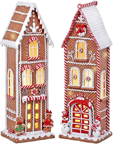 AmazonSmile: TenWaterloo Set of 2 Large Lighted Gingerbread Peppermint Candy House with Timers in Clay Dough Resin with Frosted Snow Look, Battery Operated, 17 Inches High Each : Home & Kitchen Modern Farmhouse Glam, Faux Gingerbread, Christmas Gingerbread Houses, Glam Christmas Decor, Candy Decor, Gingerbread House Designs, Gingerbread Theme, Gingerbread Lady, Gingerbread Ideas