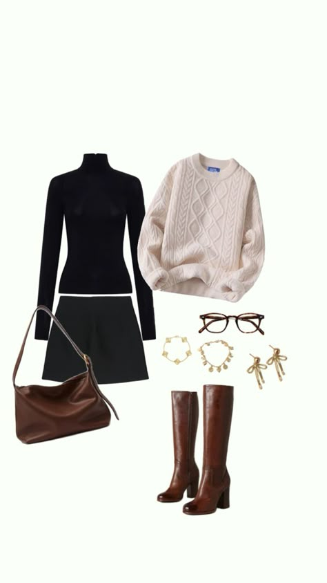 winter outfit brown boots brown bag gold jewellery white knit sweater black skirt turtleneck Skirt And Boots Outfit, Brown Boots Outfit, Brown Turtleneck Sweater, Outfit Brown, Skirt And Boots, White Knit Sweater, Winter Skirt, Brown Bag, Boots Brown