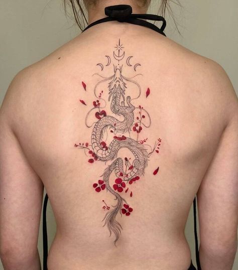 Back Dragon Tattoos For Women, Red Ink Dragon Tattoo Back, Asian Dragon Back Tattoo, Fox Spine Tattoo, Dragon Spinal Tattoo, Spine Tattoos For Women Dragon, Spine Tattoo Dragon, Feminine Back Tattoos Full, Dragon With Flowers