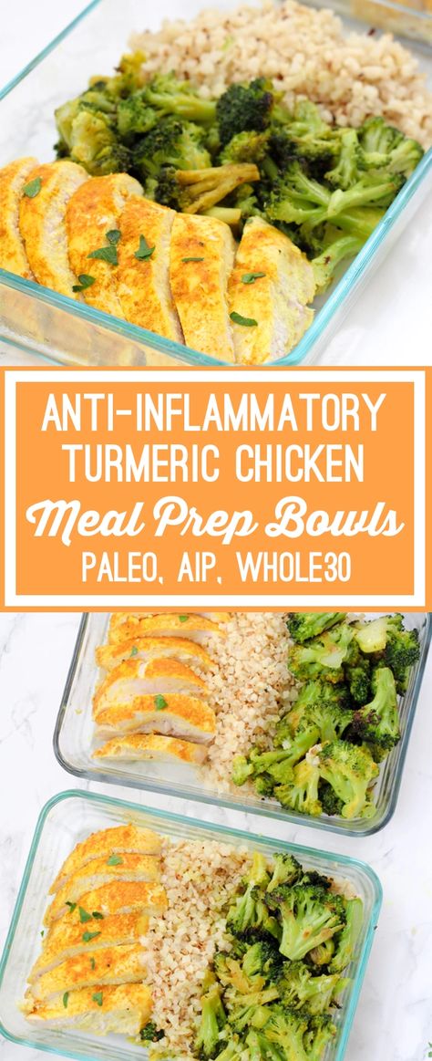 Anti-inflammatory Turmeric Chicken Meal Prep Bowls (Paleo, Whole30, AIP) - Unbound Wellness Chicken Meal Prep Bowls, Turmeric Chicken, Low Carb Meal, Prep Bowls, Diner Recept, Paleo Lunch, Chicken Meal Prep, Meal Prep Bowls, Inflammatory Foods