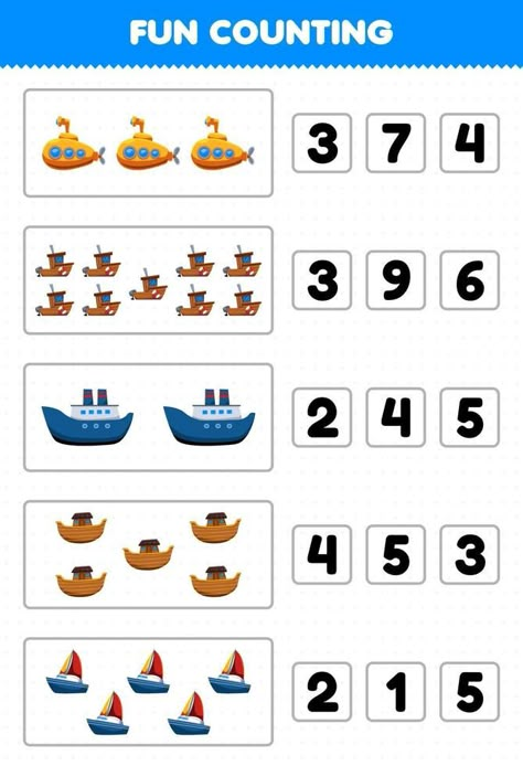 Education game for children fun counting and choosing the correct number of cartoon water transportation submarine boat ferry ship ark sailboat printable worksheet Transportation Preschool Activities, Transportation Theme Preschool, Transportation Worksheet, Preschool Craft Activities, Preschool Weather, Cartoon Water, Transportation Activities, School Age Activities, Transportation Crafts