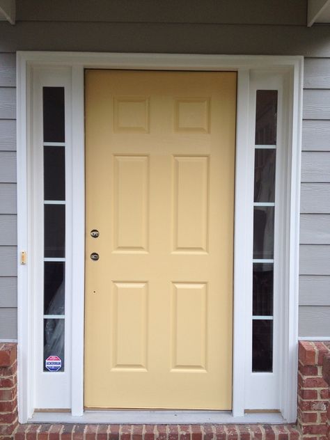 Front door re-do with Benjamin Moore's Marblehead Gold (the SW yellow that we picked was too pale/pastel.) Front Door Interior Entryway, Yellow Front Door, Entry Door Colors, Interior Door Colors, Outdoor Porch Lights, Yellow Front Doors, Front Door Interior, Blue Front Door, Front Door Paint Colors