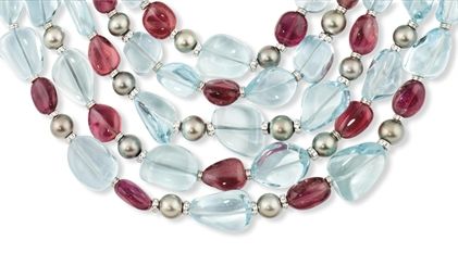 AN AQUAMARINE, TOURMALINE AND CULTURED PEARL NECKLACE, BY BULGARI Fine Pearl Jewelry, Beautiful Beaded Necklaces, Bvlgari Jewelry, Cultured Pearl Necklace, Swarovski Beads, Aquamarine Jewelry, Crystal Design, Jewelry Lookbook, Blue Diamond