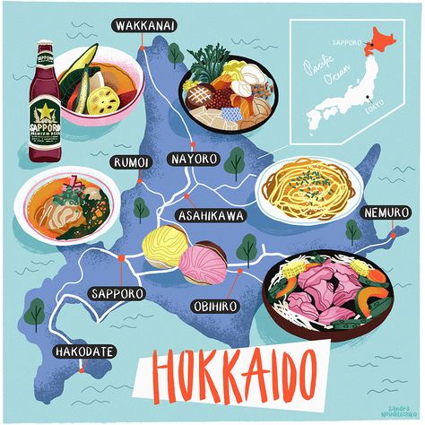 Food Map Illustration, Japanese Food Illustration, Food Map, Asahikawa, Illustration Travel, Japan Map, Hakodate, Tokushima, Map Maker