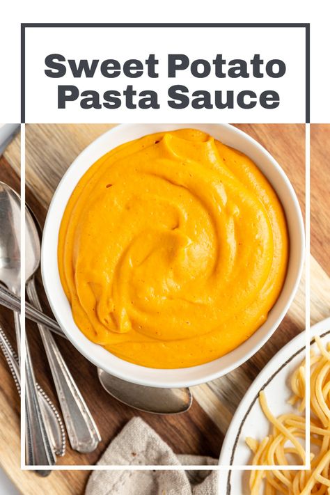 Sweet Potato Pasta Sauce is a creamy, thick sauce to dress up pasta. This oil-free sauce is full of flavor and comes together in just 20 minutes! Perfect for a weeknight dinner. #plantbasedideas #healthy #plantbasedrecipeshealthy #veganlifestyle #plantbasedeating #healthyplantbased #eating #plantbaseddinner #plantbaseddinnereasy #glutenfreeplantbasedrecipes #plantbased #glutenfree #vegan #recipes #easy #vegan #plantbased Sweet Potato Sauce Recipes, Vegan Oil Free Pasta Sauce, Carrot Marinara Sauce, Sweet Potato Spaghetti Sauce, Sweet Potato And Pasta, Vegan Sweet Potatoes Recipes, Creamy Tofu Pasta Sauce, Oil Based Pasta Sauce, Gluten Free Pasta Sauce Recipes