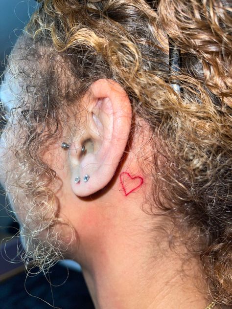 Red Heart Ear Tattoo, Behind Ear Heart Tattoo, Heart Neck Tattoos Women, Heart Tattoo Neck, Red Heart Tattoo Behind Ear, Heart Tattoo On Neck, Heart Behind Ear Tattoo, Small Behind The Ear Tattoo Ideas, Heart Neck Tattoo