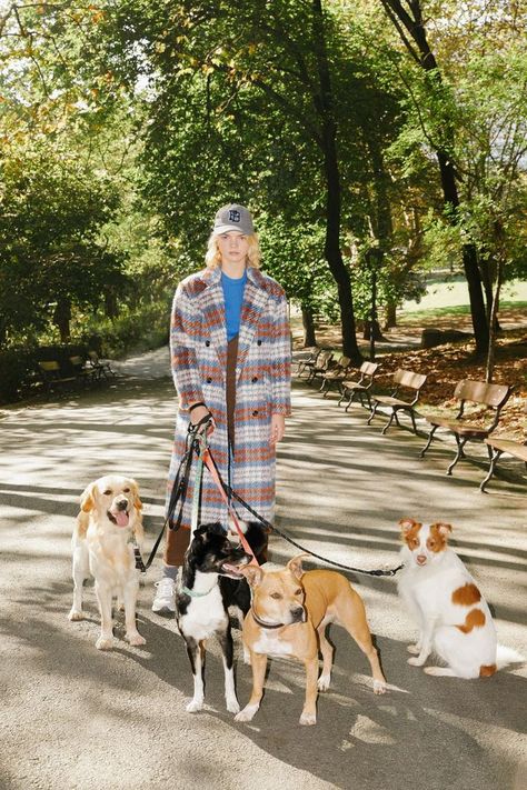 In a park on a bench lined path with bushy green trees. It is sunny and the light is shining through the leaves, creating shadow patterns on the floor. In the forefront, a female model in her 20's wears a plaid maxi length winter coat with a baseball cap. She is holding the leads of four dogs, who look relaxed. They are a staffie, a labrador, a sheepdog and one I think is some sort of terrier. The model is looking directly towards the camera with a blank expression. Miya Folick, Dog Lounge, Dog Business, Pull And Bear, Dog Modeling, Dogs And Kids, Dog Wear, Dog Boarding, No Credit