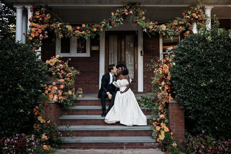 A Floral-Filled Front-Yard Wedding in Brooklyn Home Weddings, Yard Wedding, Guest Book Table, Umbrella Wedding, Champagne Tower, Wedding Guest List, Planning Inspiration, Floral Arch, Wedding Catering