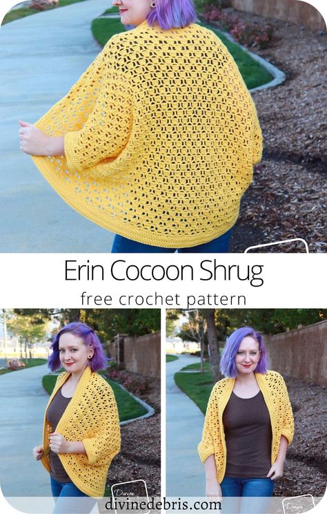 Do you like squishy and cozy designs? Because the new Erin Cocoon Shrug is for you. This design is super simple, with a fun repeat, that is lovely in all colors and easily adaptable to different yarns. And comes in 4 sizes, from XS - 5X, so you can find something that works for you. Easy Crochet Shrug, Crochet Shrug Pattern Free, Hoodie Crochet, Crocheted Sweaters, Big Momma, Crocheted Clothes, Crochet Cocoon, Crochet Wearables, Lace Shrug