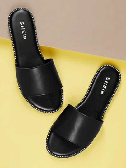 Shoes | Free Returns | SHEIN USA Cute Shoes Flats, Slippers For Ladies, Sandals Shein, Elegant Slippers, Shein Shoes, Women Flat Sandals, Strappy Flats, Black Slides, Black Stud