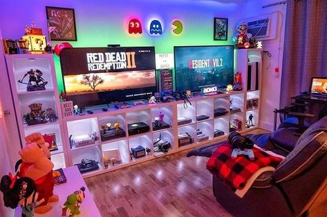 Led Game Room, Gaming Room Setup Ideas, Gamer Living Room, Room Setup Ideas, Retro Room Ideas, Gaming Bed, Video Game Room Decor, 90s Room, Games Room Inspiration