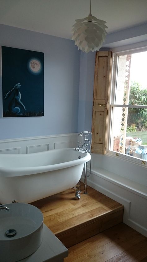 Slipper bath on a raised plinth. Bath On Raised Platform, Bath On Plinth, Raised Bathtub Platform, Bathroom Plinth, Platform Bathtub, Bath In Bedroom Free Standing, Raised Bathtub, Cottage Ensuite, Treehouse Bathroom