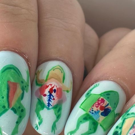 Nail Haven on Instagram: "Down to frog 🐸 @rachelantonoff inspired   #nailart #handpaintednailart #frognails #sciencenails" Funny Nail Art Designs, Cavetown Inspired Nails, Frog Manicure, Muppet Nails, Frog Nails Designs, Forest Fairy Nails, Breaking Bad Nails, Funny Nails Ideas, Funny Nail Designs