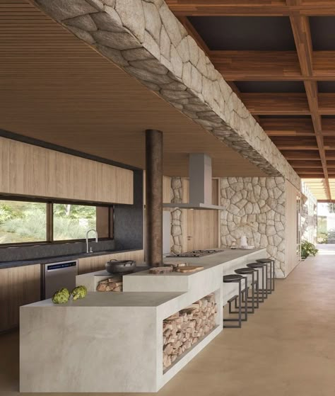 Backyard Outdoor Kitchen, Communal Kitchen, Rustic Luxe, Casa Country, Concrete Home, Outdoor Kitchen Ideas, Concrete Kitchen, Kitchen Tops, Concrete Countertops