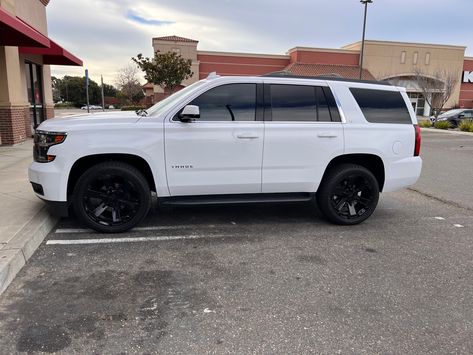 White Tahoe With Black Rims, Infinity Suv, White Suburban, White Tahoe, Suv Rims, 2015 Chevy Tahoe, Black Tahoe, Dream Cars Range Rovers, White Suv