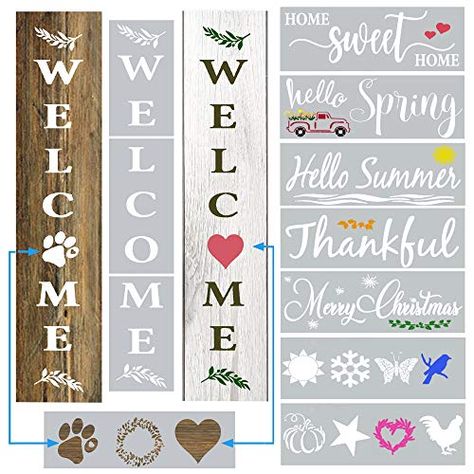 Large Welcome Stencils for Wood Signs - Vertical Welcome Sign for Front Door and Outside Porch Decor - Bonus Farmhous... Happy Fall Yall Sign, Stencil Lettering, Quote Stencils, Welcome Stencil, Sign For Front Door, Stencils For Wood Signs, Stencils For Painting, Porch Welcome Sign, Christmas Stencils