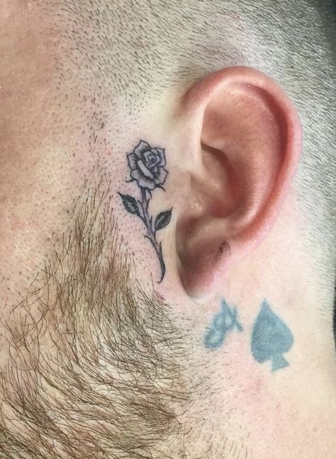 Rose Tattoo By Ear On Face, Rose Tattoo On Ear, Sideburn Tattoo Ideas, Rose Sideburn Tattoo, Small Rose Face Tattoo, Small Face Tattoos Men, Small Side Face Tattoo, Side Burn Tattoos Men, Rose Tattoo On Face