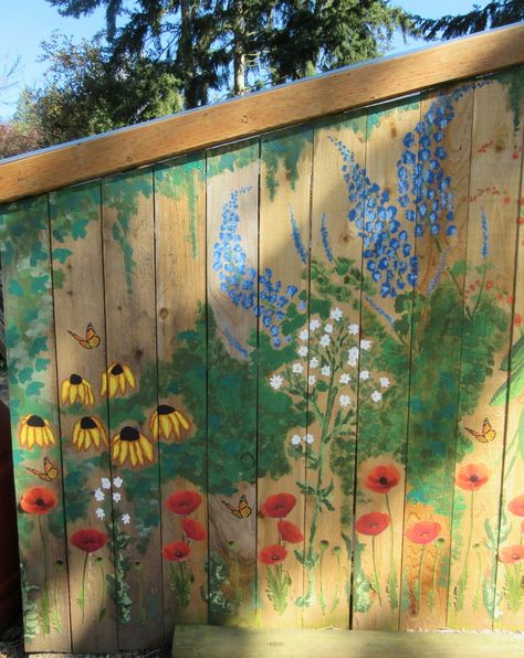 Garden mural on chicken coop. Free hand painting with acrylic paint. Free Hand Painting, Painting With Acrylic Paint, Painted Shed, Mural Tropical, Chicken Coop Garden, Garden Fence Art, Garden Mural, Flower Mural, Building A Chicken Coop