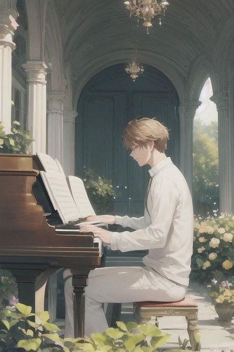 Anime Guy Playing Piano, Piano Digital Art, Man Playing Piano Drawing, Piano Man Aesthetic, Someone Playing Piano, Playing Instrument Aesthetic, Piano Art Draw, Piano Drawing Reference, Someone Playing The Piano